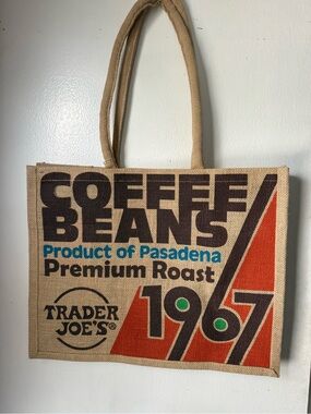 Trader Joe's Beige Canvas Coffee Beans Tote Bag with Orange & Teal Accents